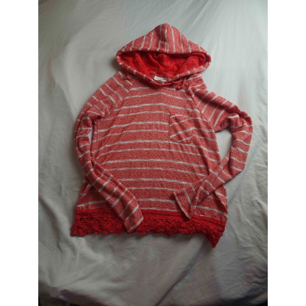 Belle Du Jour Sweater Womens Large Red Striped Knit Lace Trim Hoodie Pullover
